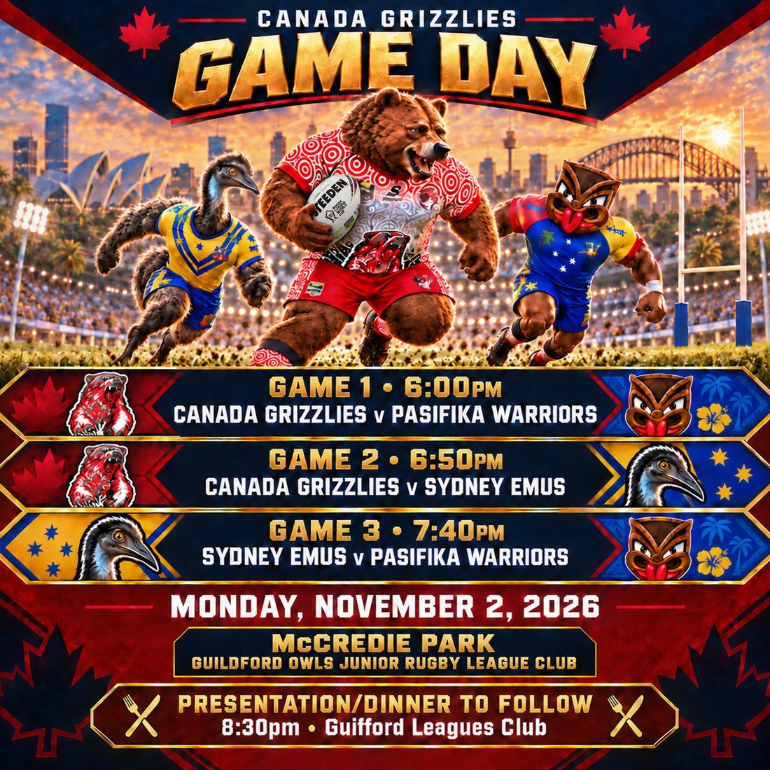 Canada Grizzlies Game Day 1 &mdash; Monday, November 2, 2026, McCredie Park, Guildford Owls Junior Rugby League Club, Sydney