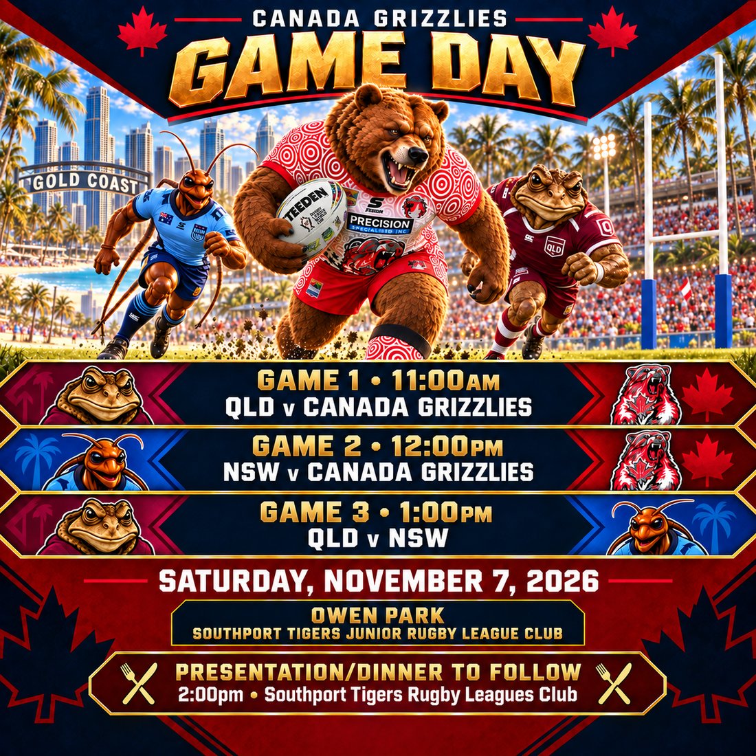 Canada Grizzlies Game Day 2 &mdash; Saturday, November 7, 2026, Owen Park, Southport Tigers Junior Rugby League Club, Gold Coast